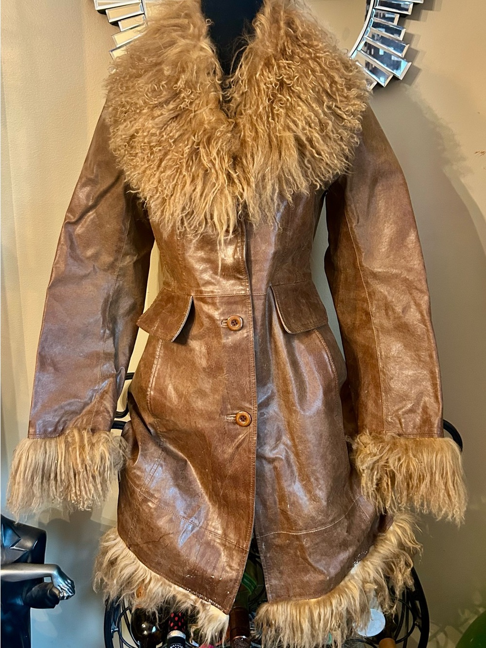 Brown Leather Coat with Shearling Trim